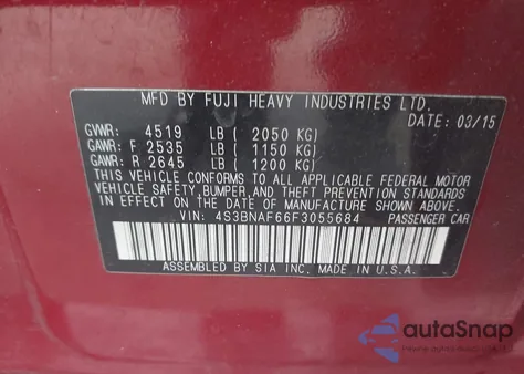 2015 Subaru Legacy 2.5I Premium из США, поврежденный, VIN 4S3BNAF66F3055684